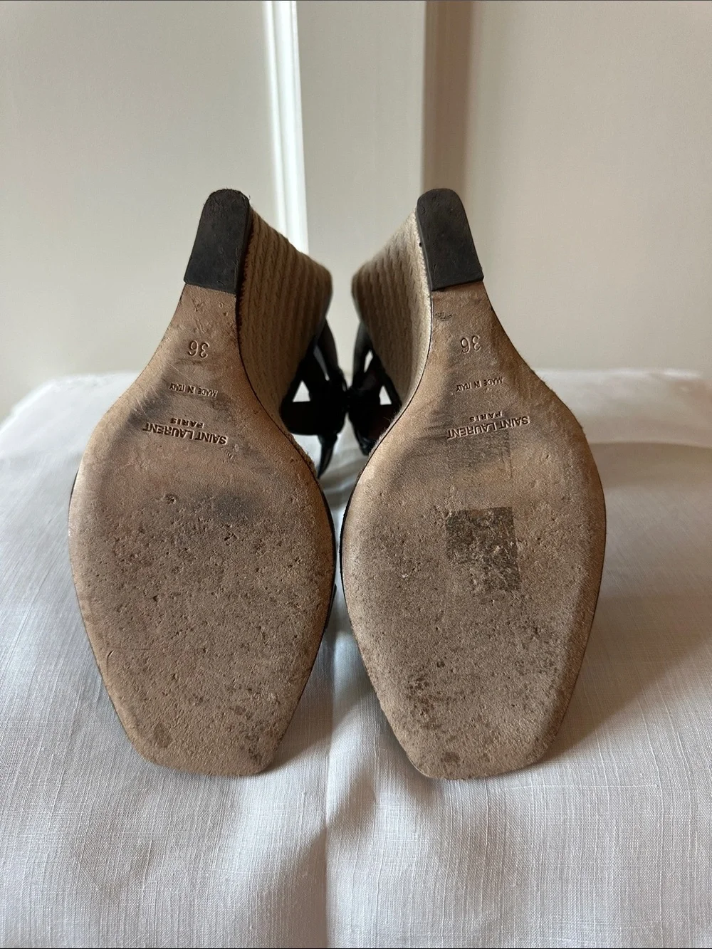 Saint Laurent Brown Leather Wedge Sandals with Espadrille Heel